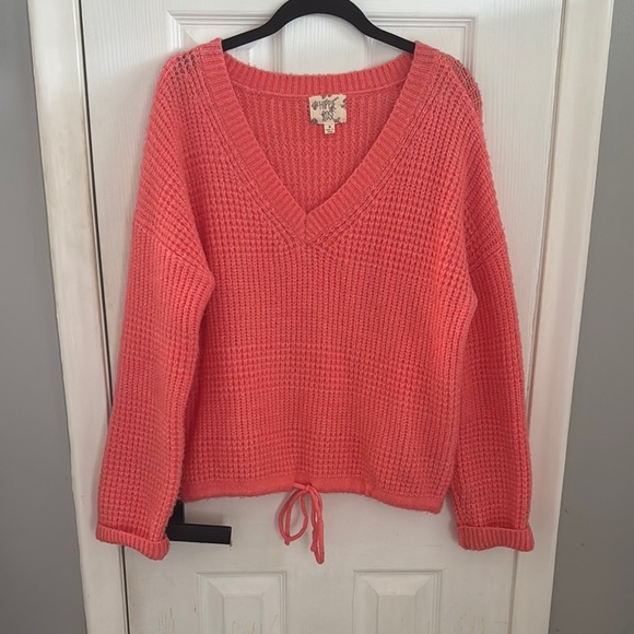 Cozy Coral V-Neck Knitted Sweater - Picture 1 of 6